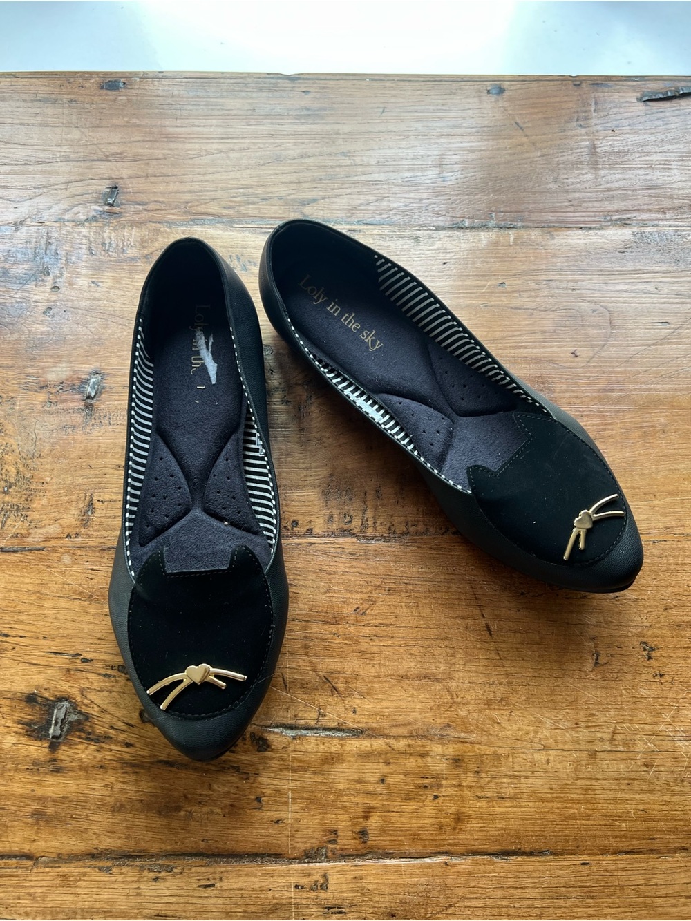 Loly in the Sky Black Pointed Toe Flats with Gold Knot Accent
